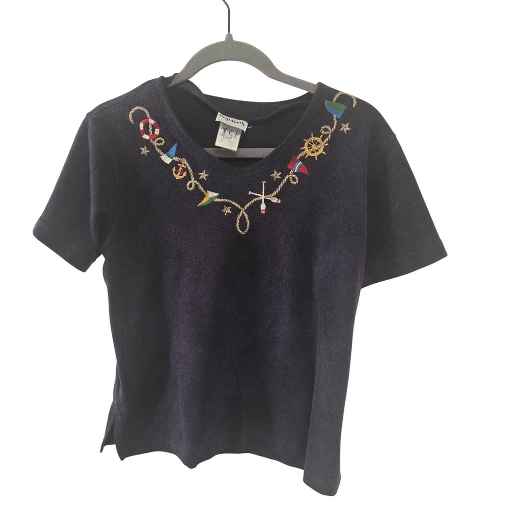 Vintage 90s Bon Worth Petite Nautical Embroidered V Neck Short Sleeve Navy XS